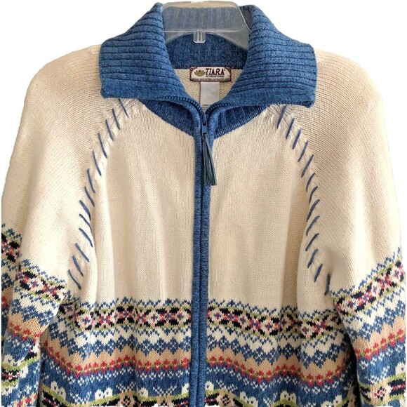 Tiara International Cardigan Sweater Womens L VTG Fair Isle Cotton Cottagecore - Picture 2 of 14